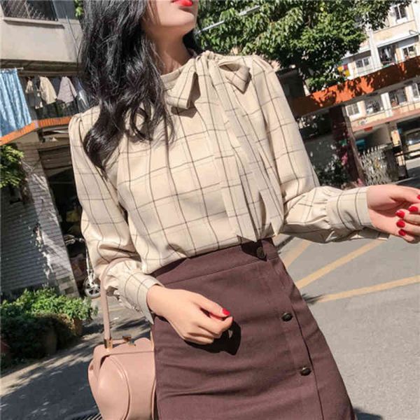 

fall fashion manga long chiffon shirts all combined casual loose plaid elegant female blouse d518, White