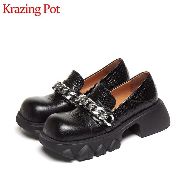 

dress shoes krazing pot spring arrival cow leather design waterproof round toe metal chain med heels slip on preppy style ins pumps l1f1, Black