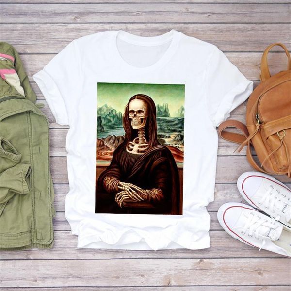 

cartoon skull painting funny halloween womens t shirt fashion print graphic ladies female tee, White