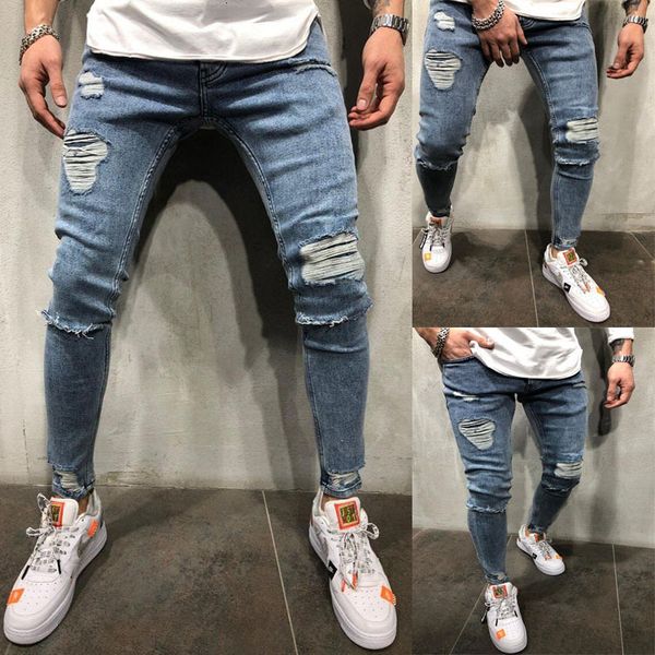 

streetwear mens solid color jeans new fashion slim pencil pants casual hole ripped design pencil jeans, Blue