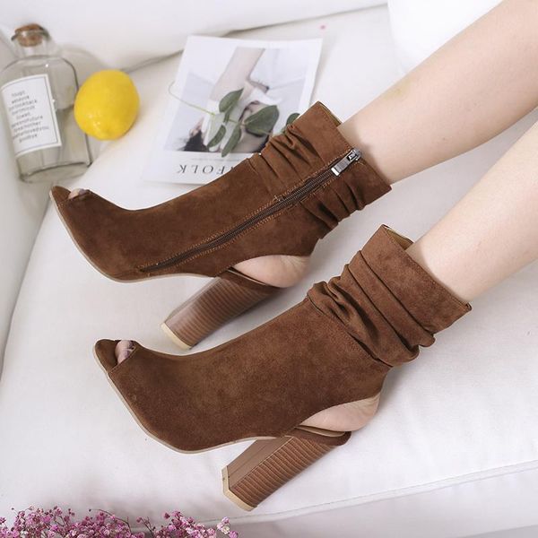 

boots high square heels zipper ankle for women summer peep toe womens shoes sandalias plataforma mujer plus size 43, Black