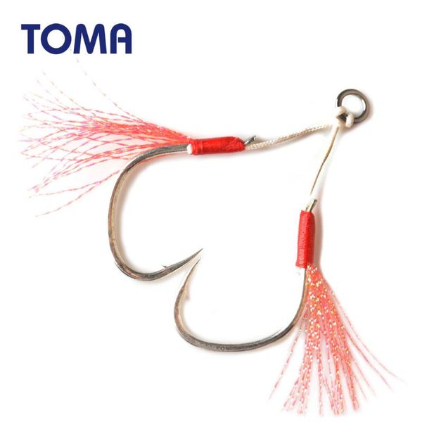 

fishing hooks toma 2 pack slow jigging hook sea 1/0 2/0 3/0 4/0 jig assist double feather fishhook saltwater tackle