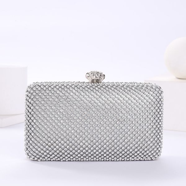 

luxury full diamond women handbag flower lock shape chain evening clutch bag banquet silver small metal box purse wallet