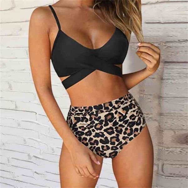 Купальник Женщины Высокое талия Бикини Женщина Criss Cross Set Leopard Print Beachwear Купальный костюм Push Up Купальники 210702