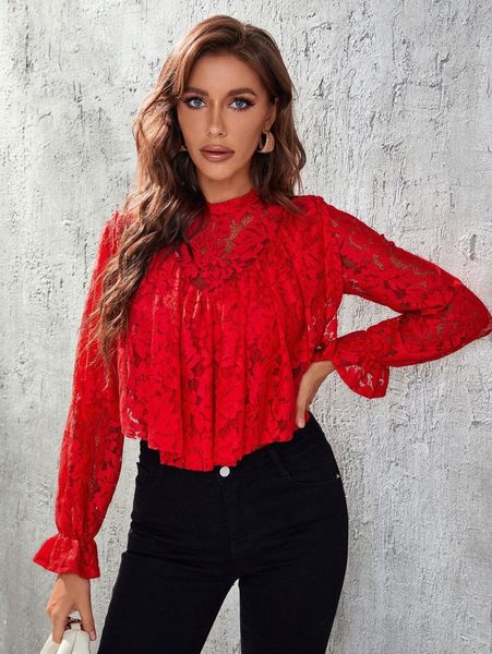 

flounce sleeve ruffle trim mock neck lace n0b8#, White