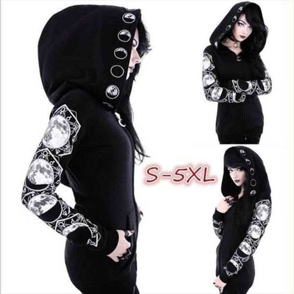 

casual hooded othic tracksuits sleeve women sweatshirts jumper clothes black print zipper