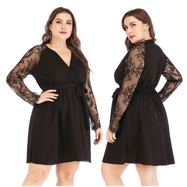 

casual dresses 2021 women v-neck long sleeve lace summer sundress solid black dress big sizes xl xxl xxxl 4xl, Black;gray