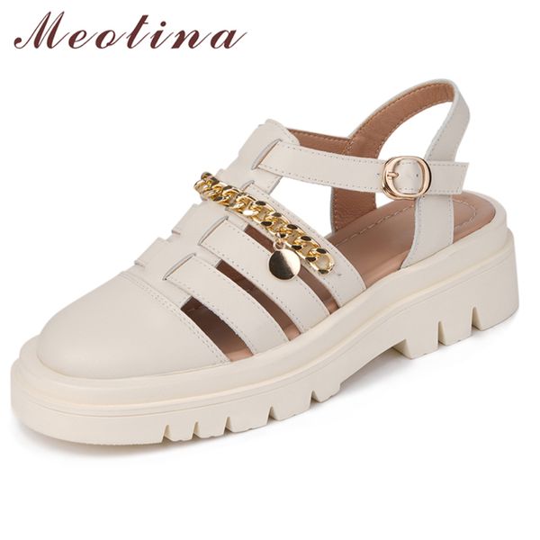 Meotina Genuine Leather Sandals Gladiator Sapatos Mulheres Plataforma Plana Sandálias Fivela Senhoras Calçados Verão Prata 43 210520