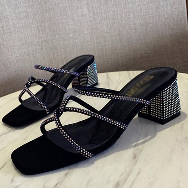 

slippers fashion platform sandals shiny shoes ladies spring summer crystal cross strap low heel, Black