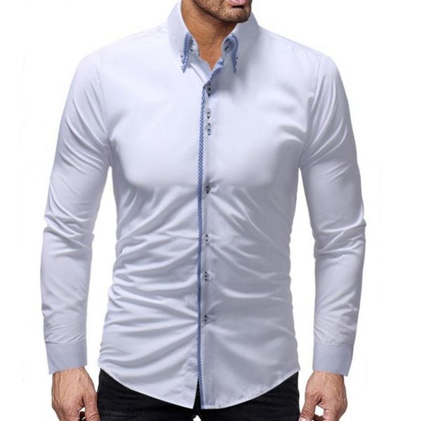 

men's dress shirts men solid color long sleeve plaid cuff collar turn down buttons cotton slim business shirt plus size, White;black