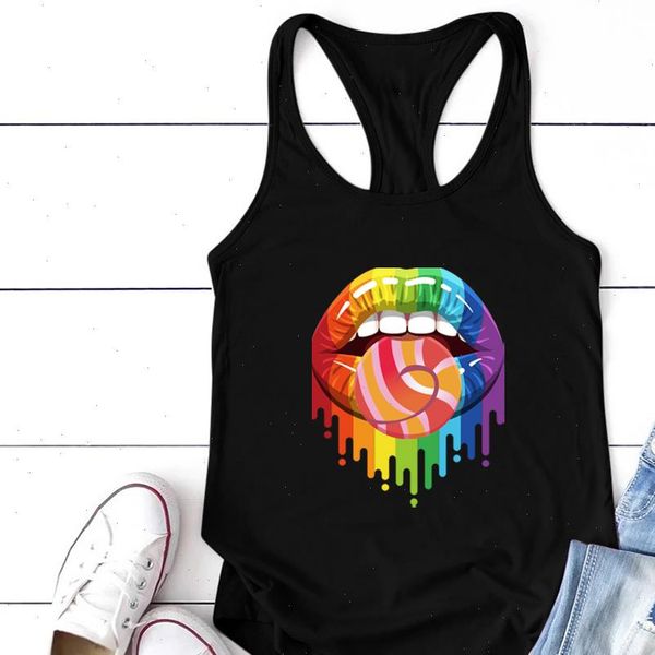 

rainbow lips sugar print women cami sleeveless summer vest vogue crew neck female clothing verano, White