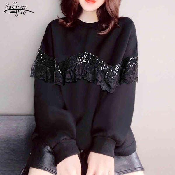 

winter long sleeve crewneck sweatshirt women sequins lace plus size pullover jackets velvet vintage s 12470 210508, Black