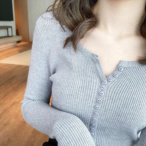 

vk ins fashion women sweater long sleeve autumn winter o neck button stretchable pull sweaters casual femme jersey knitted pullover, White;black