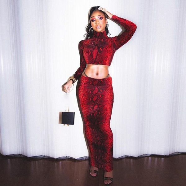 

two piece dress autumn 2021 snake print set women party skinny club outfits long sleeve crop and skirt sets, White