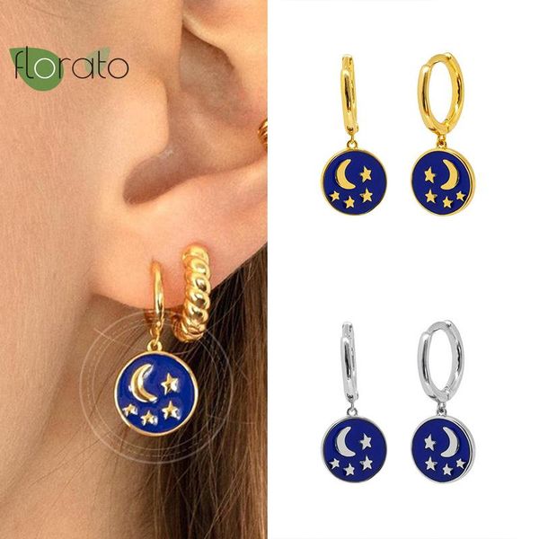 

hoop & huggie stars around the moon pendant coin earrings 925 silver ear buckle creative personality female fashion jewelry, Golden;silver