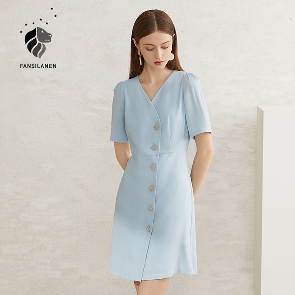 

fansilanen linens vintage short blue dress women v neck puff sleeve elegant dress summer slim party office lady wrap dress, Black;gray