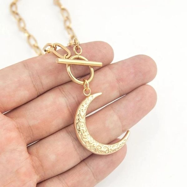 

chains crescent moon necklace stainless steel toggle necklaces gold metal chunky heavy duty chain choker collar, Silver