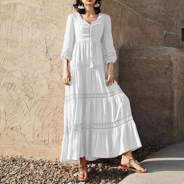 Jastie Latchwork кружева вышивка Maxi платье кружева вверх V-образным вырезом 3/4 рукав весенние летние платья женщины длинные пляжные одежды Vestidos 210419