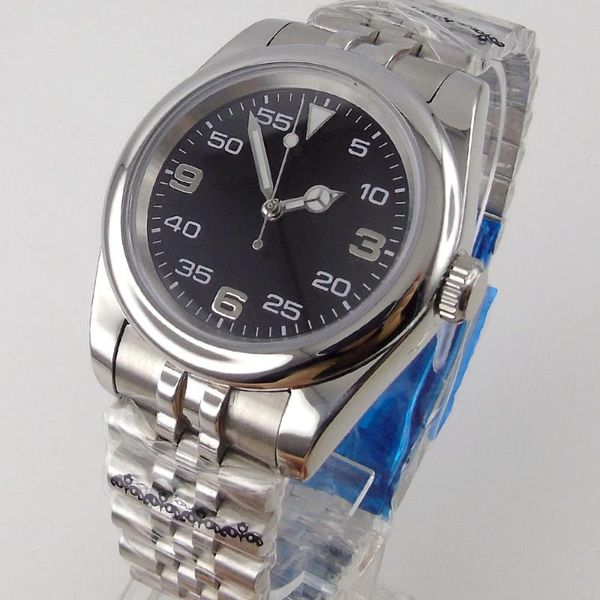 

wristwatches 39mm polished automatic men's watch genuine nh35 movement black dial sapphire glass green lume screw in crown jubilee brac, Slivery;brown