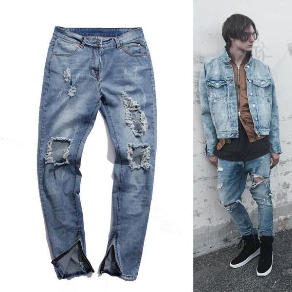 

mens high street washed destroyed jeans upper body hole inside zipper hip hop male jeans denim pants, Blue