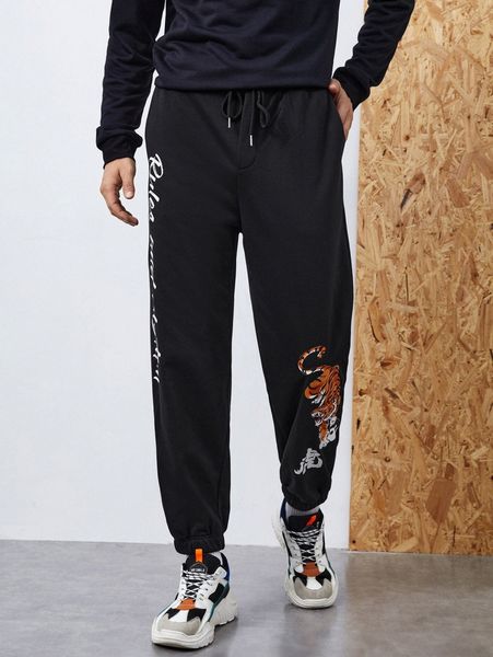 

men letter & tiger print drawstring waist sweatpants y2ed#, Black