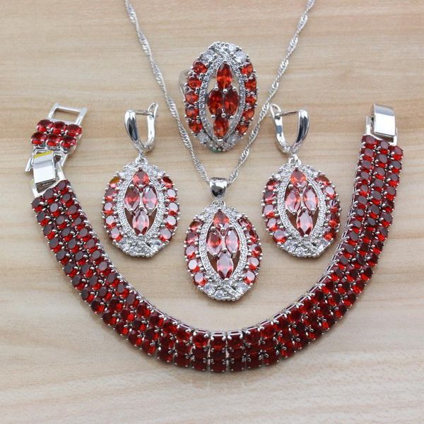 

earrings & necklace luxurious dubai bridal wedding jewelry sets costume silver color + red garnet cz for women gift