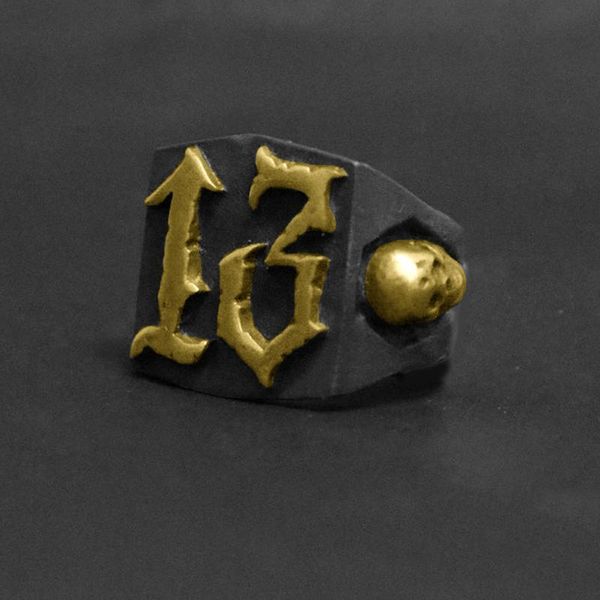 

cluster rings vintage mens golden lucky 13 letter devil skull ring gothic punk men's 316l stainless steel rock motorcycle biker jewelle, Golden;silver
