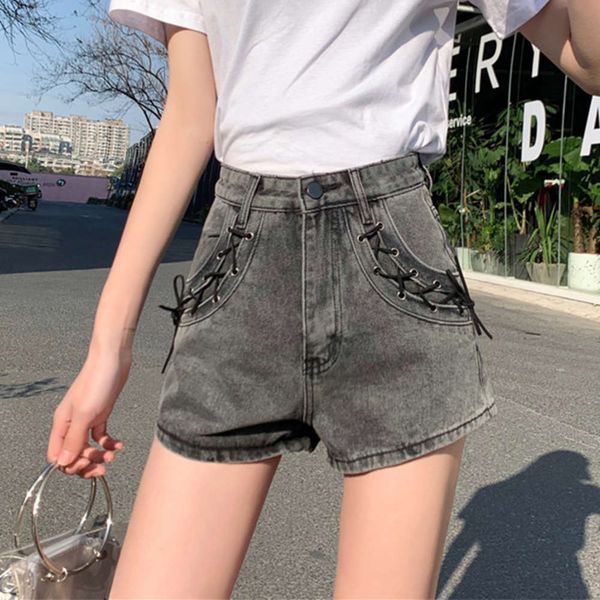 

women's jeans 2021 summer korean bandage versatile high waist denim shorts fashion net red gray a-line pants 5n45, Blue
