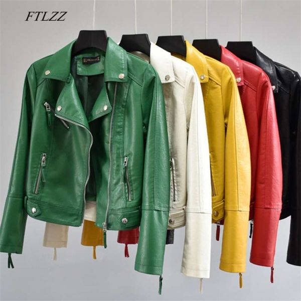 

ftlzz women autumn pu faux soft leather motorcycle zipper jacket coat female turndown collar slim biker coats basic streetwear 210927, Black
