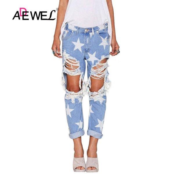 

star pattern ripped boyfriend jeans big hole for women five-pointed light blue denim pants women's
