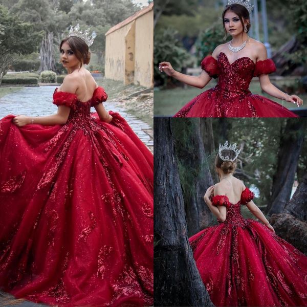 

2021 dark red quinceanera ball gown dresses off shoulder sequined lace appliqus sequins sweet 16 sweep train plus size party prom evening go, Blue;red
