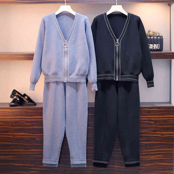 

pant trousers suits autumn winter knitted tracksuit women sweater cardigan coat + pants female casual two piece set eo05, White