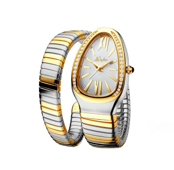 

dazzling missfox quartz womens watch snake shape graceful curve design elastic scaling bracelet diamond ladies watches feminine delicate wri, Slivery;golden
