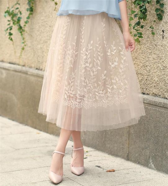 

skirts shanghai story women's tulle plain pleated skirt midi  three-dimensional embroidery mesh yarn, Black