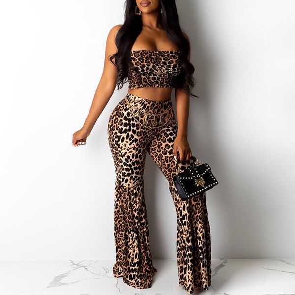 

women's jumpsuits & rompers turmeric leopard print long flare pant bodysuit ruffle knitted female playsuit 2021 autumn winter slim part, Black;white