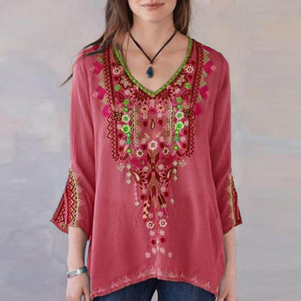 

embroidered long-sleeved shirt for women 2021 summer fashion printing v-neck vintage leisure loose tees women's t-shirt, White