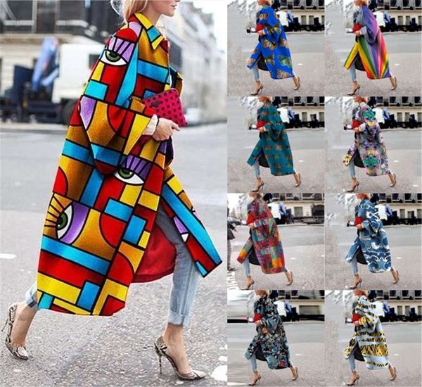 

women's fashion geometric printing color loose long coat windbreaker, Black;brown