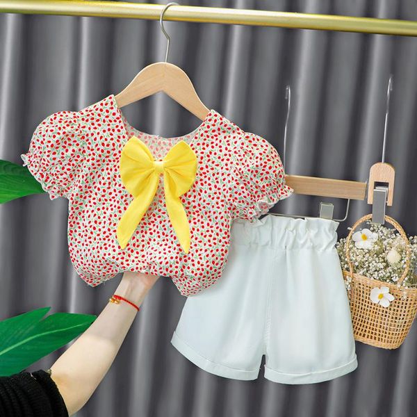 

children's clothing baby girl cute floral short-sleeved two-piece fashion big bow suit summer child casual shorts sets, White