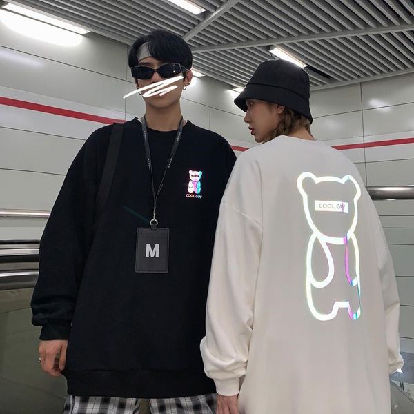 

winter womens reflective oversized casual hoodie anime bear illuminate drop shoulder sweatshirt plus pocket fleece, Black