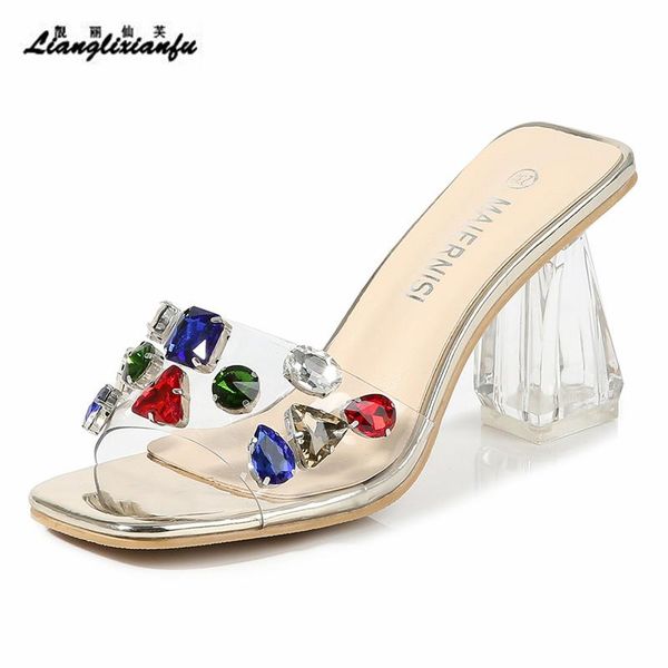 

slippers llxf summer rivet sandals zapatos outside slipper open toe 8cm thick heels shoes women's stilettos female diamond pearl pumps, Black