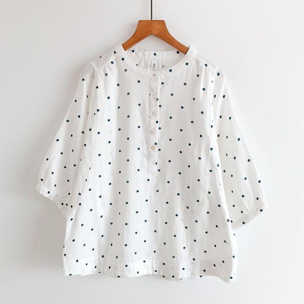 

women's blouses & shirts summer japanese-style cotton yarn blouse fresh little print stand-up collar shirt female three-quarter sleeve, White