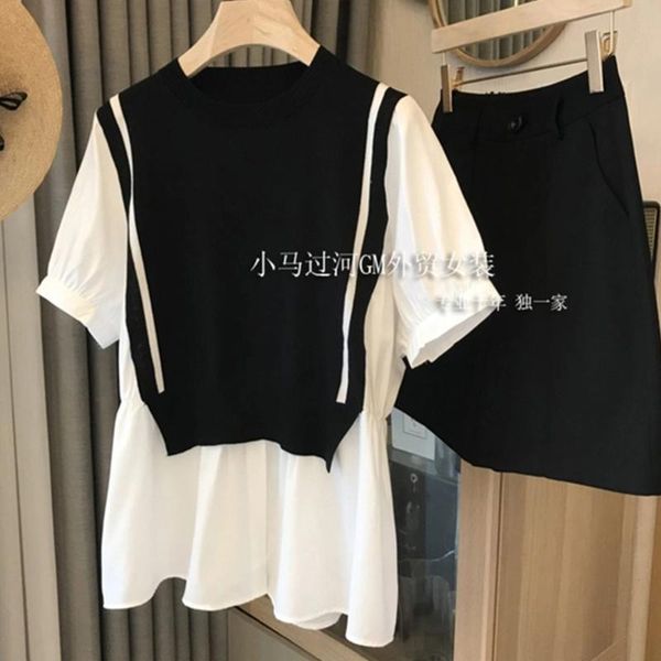 

women's blouses & shirts shirt patchwork fake 2 piece knitted summer 2021 vintage casual short sleeve round neck slim sweater ladies, White
