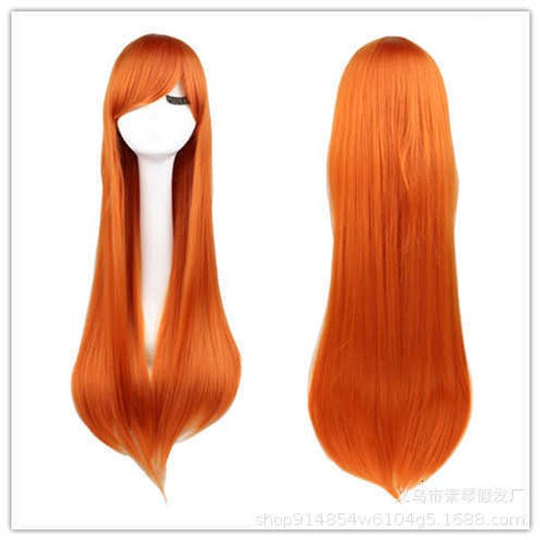 

yiwu animation cos orange long straight hair oblique bangs wig, Black