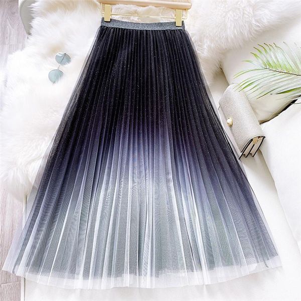 

skirts fashion gradient color tulle skirt women high waist pleated long female a-line tutu summer mesh, Black