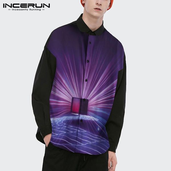 

fashion men casual shirt printed patchwork streetwear long sleeve lapel brand blouse button chic camisa masculina incerun men's shirts, White;black