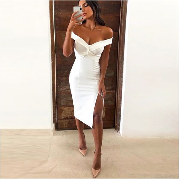 

chic white satin short prom dresses 2021 robe de cocktail party dresses off the shoulder women dress with side split, Black