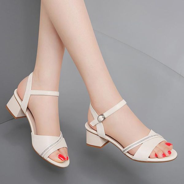 

slippers summer open-toe all-match soft-soled thick-heeled high heels with a buckle, Black