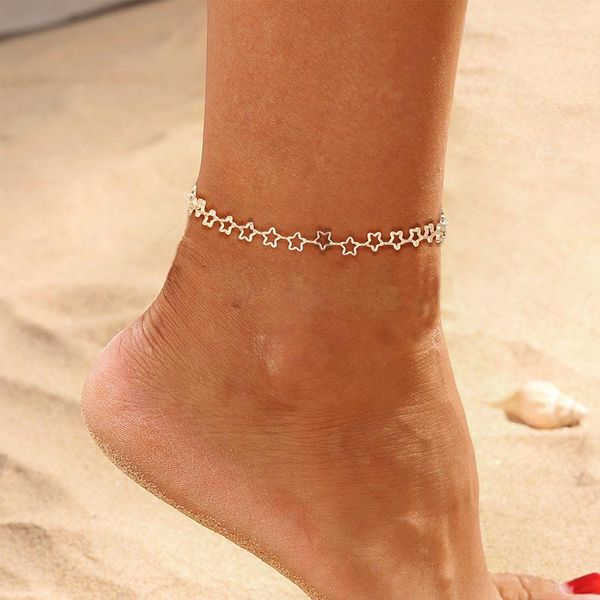 

anklets 2021 bracelets for women beach style fashion personality hollow five-pointed star single layer wild copper anklet, Red;blue