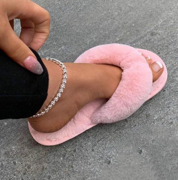 

slippers winter home faux fur warm fashion flip flops slip on flats female women shoes plus size 36-41 drop whosale, Black