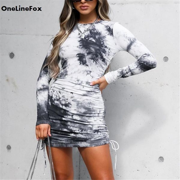 

onelinefox o neck tie dye mini dress short drawstring long sleeve vintage party club bodycon women casual dresses, Black;gray